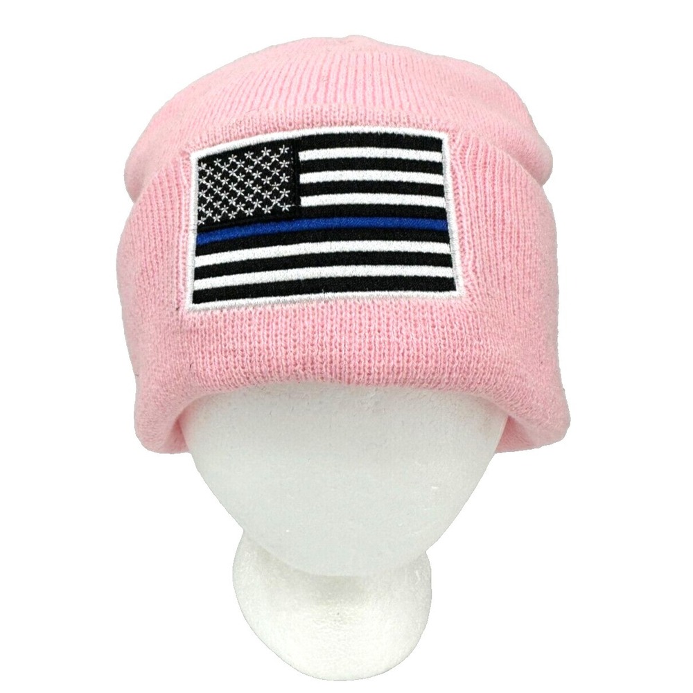 Thin Blue Line USA Womens Patriotic Flag Cuffed Beanie Hat One Size Pink Knit